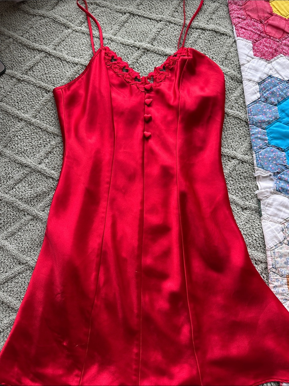 Red Satin Mini Slip Dress with heart detaining